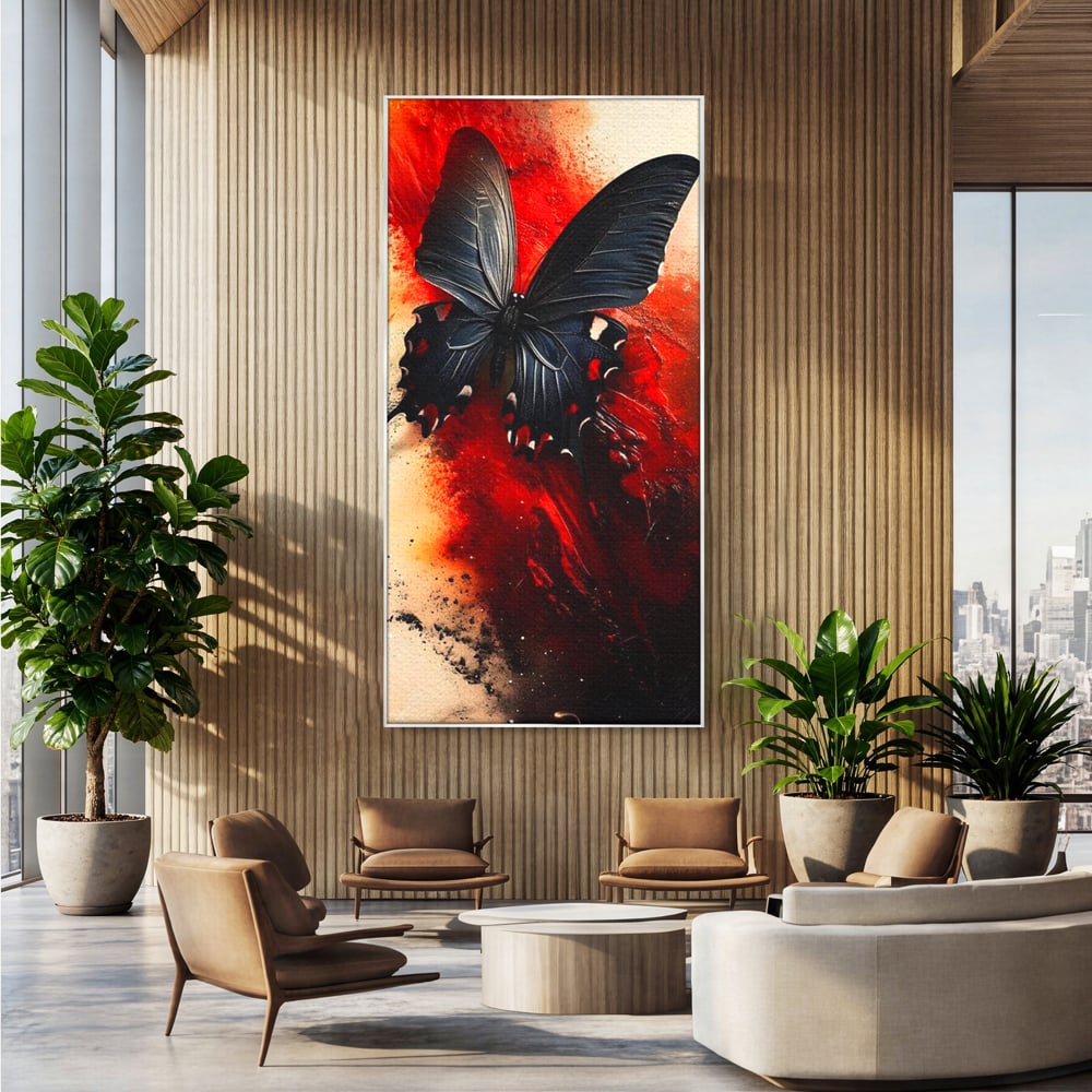 Tablou canvas cu tablou canvas cu fluture negru si fundal rosu, in rama de aluminiu argintiu, pe perete intr-un birou
